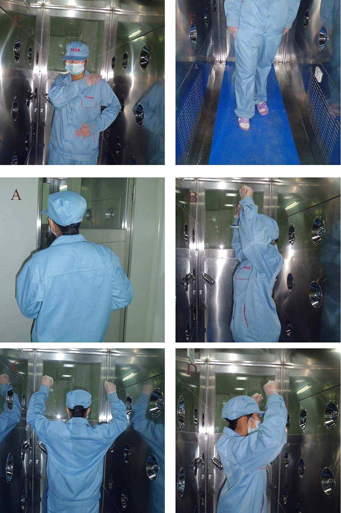 進入風淋室風淋結束后，風淋結束后應及時脫下防護服和鞋帽，并按照規定進行廢棄或清洗。